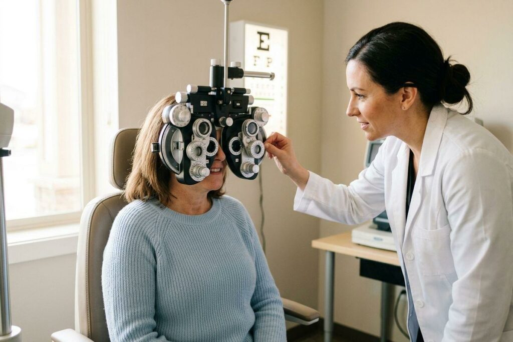 Optometrist adjusts a phoropter during an eye exam while a smiling patient looks through it, eye chart on the wall behind.