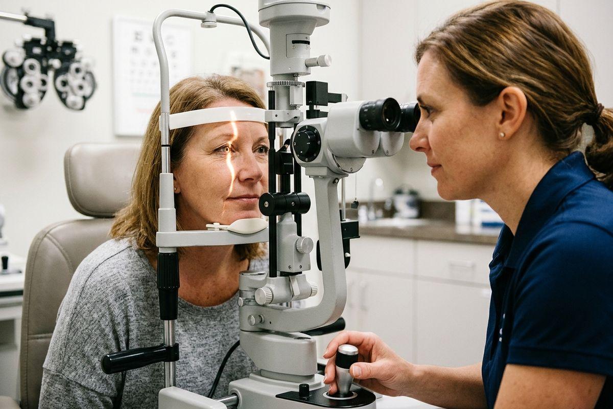 Optometrist examines a patient's eyes using a slit lamp in an exam room, with an eye chart on the wall behind.