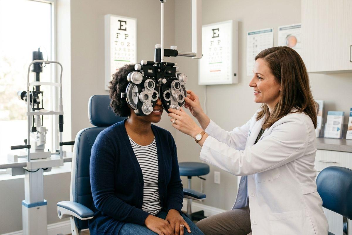 A smiling optometrist adjusts a phoropter for a seated person during an eye exam.