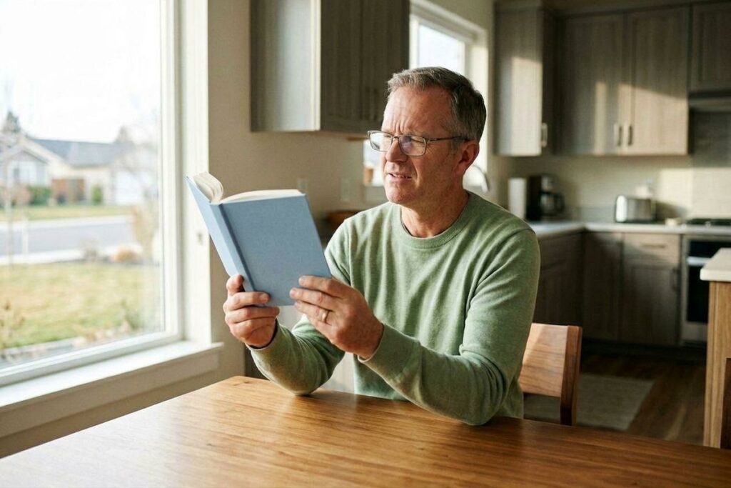 An adult wearing glasses sits at a wooden table in a kitchen, squinting while reading an open book.